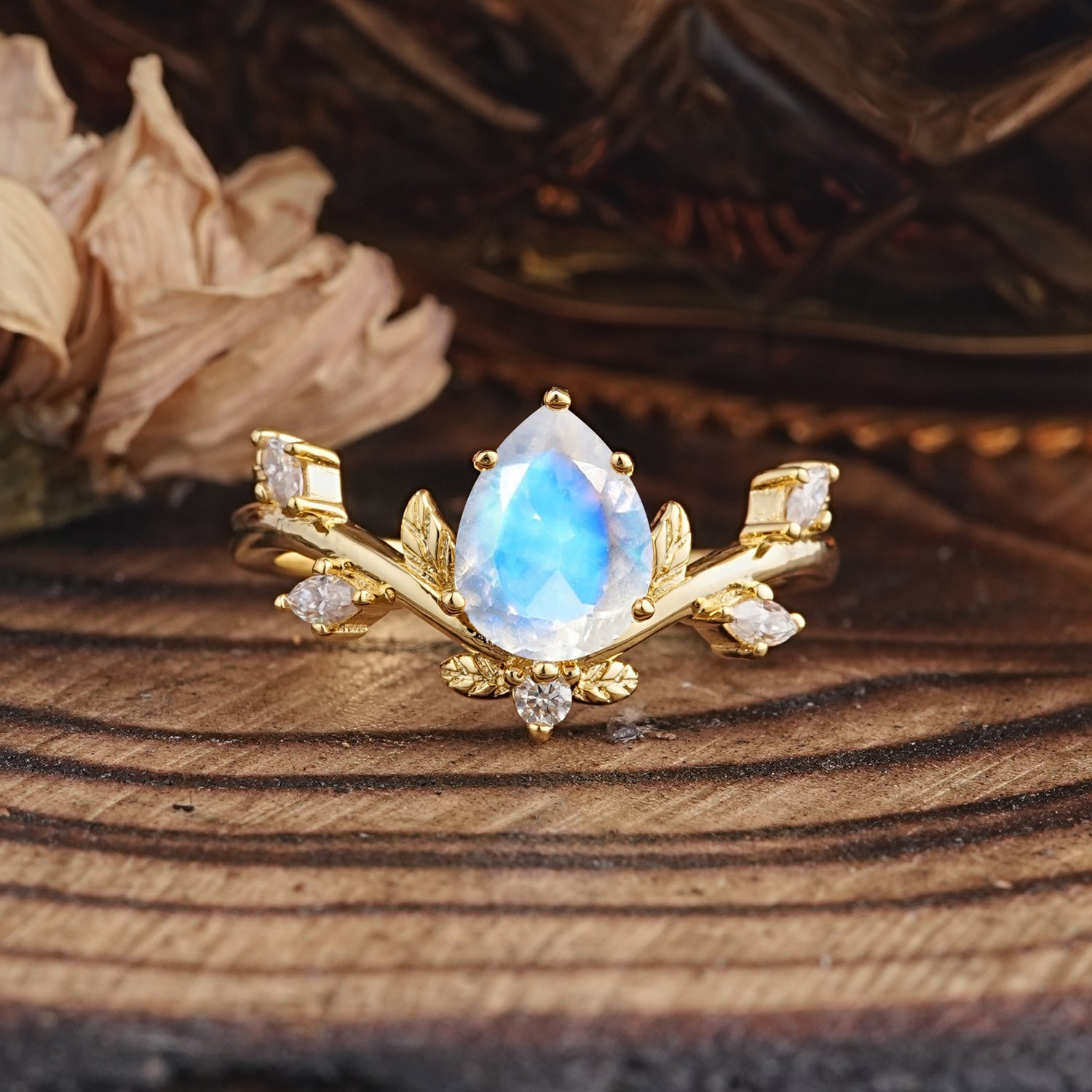 Pear Shaped Natural Moonstone Engagement Ring - Romalar Jewelry