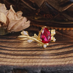 Nature-Inspired 6-Prong Teardrop Ruby Engagement Ring
