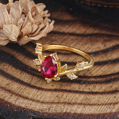 Nature-Inspired 6-Prong Teardrop Ruby Engagement Ring
