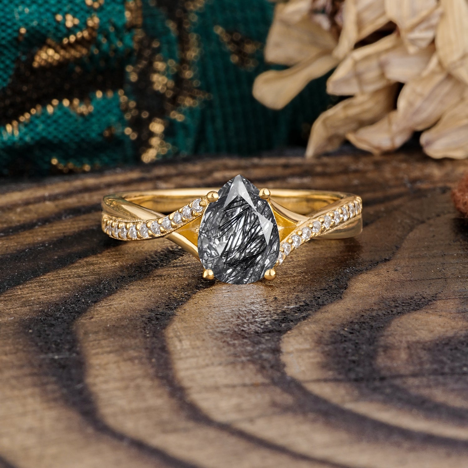 Timeless Vintage 4-Prong Pear-Cut Black Rutilated Quartz Engagement Ring