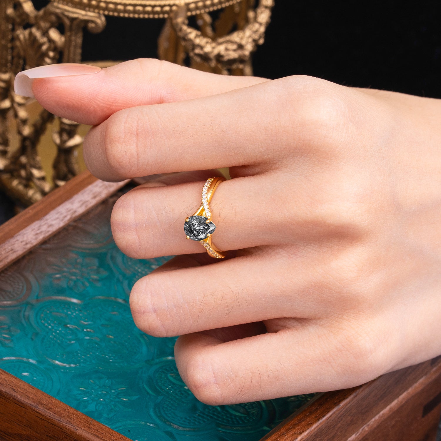 Timeless Vintage 4-Prong Pear-Cut Black Rutilated Quartz Engagement Ring
