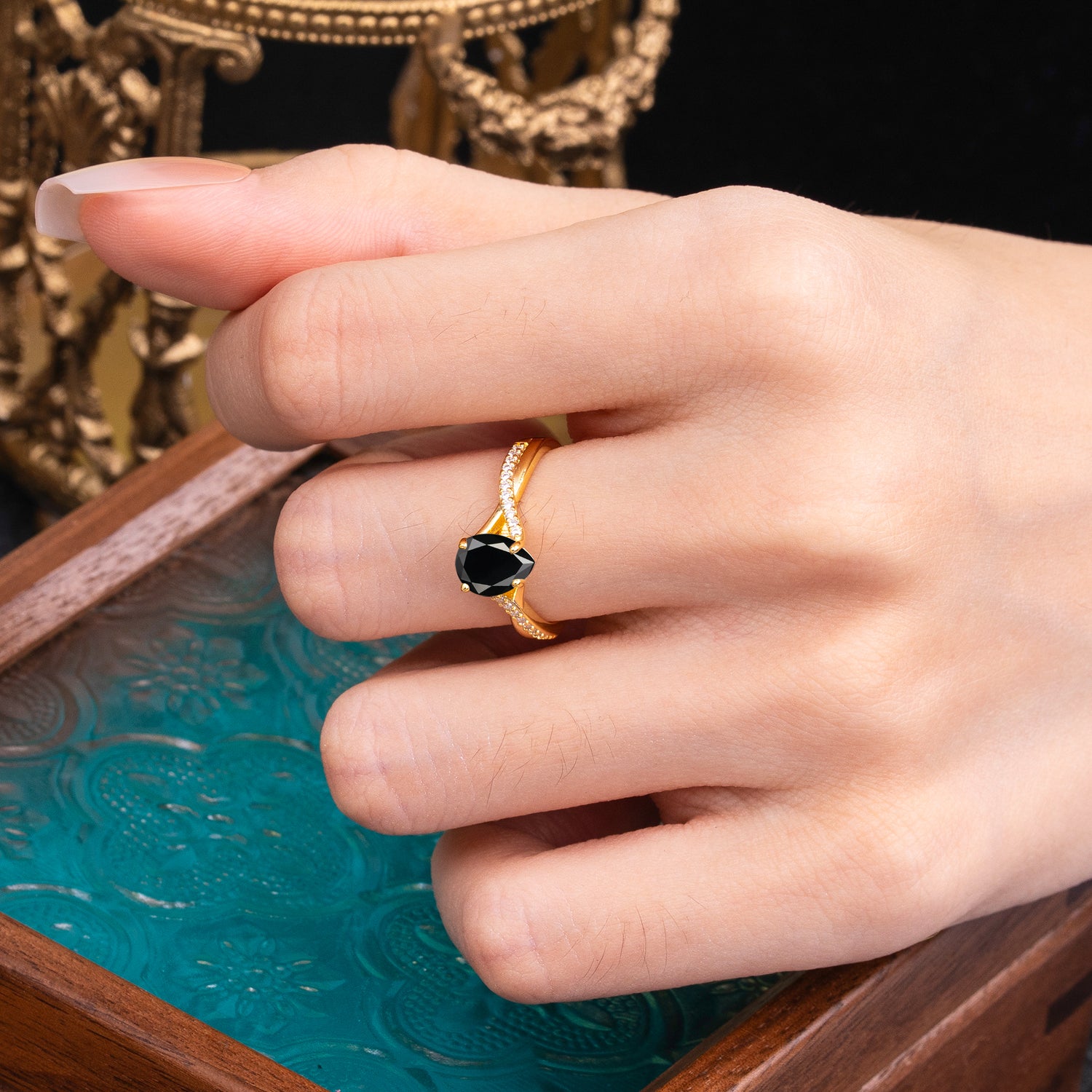 Timeless Vintage 4-Prong Pear-Cut Black Onyx Engagement Ring