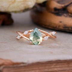 Lux Minimalist 4-Prong Pear-Cut Natural Moss Agate Engagement Ring