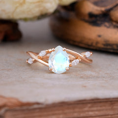 4-Prong Moonstone Pear Shaped Commitment Engagement Ring For Women