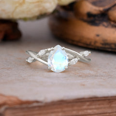 4-Prong Moonstone Pear Shaped Commitment Engagement Ring For Women