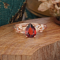 Pear Shape Leaf Garnet Engagement Ring – Nature Inspired Vine Wedding Ring for Women