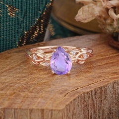 Pear Shape Leaf Amethyst Engagement Ring – Nature Inspired Vine Wedding Ring for Women