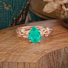 Pear Shape Leaf Emerald Engagement Ring – Nature Inspired Vine Wedding Ring for Women