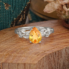 Pear Shape Leaf Citrine Engagement Ring – Nature Inspired Vine Wedding Ring for Women
