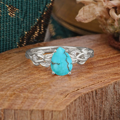Pear Shape Leaf Turquoise Engagement Ring – Nature Inspired Vine Wedding Ring for Women