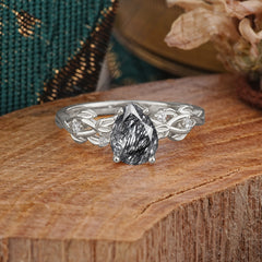 Pear Shape Leaf Black Rutilated Quartz Engagement Ring – Nature Inspired Vine Wedding Ring for Women
