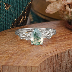 Pear Shape Leaf Moss Agate Engagement Ring – Nature Inspired Vine Wedding Ring for Women