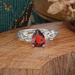 Pear Shape Leaf Garnet Engagement Ring – Nature Inspired Vine Wedding Ring for Women