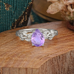 Pear Shape Leaf Amethyst Engagement Ring – Nature Inspired Vine Wedding Ring for Women