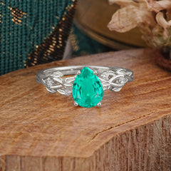 Pear Shape Leaf Emerald Engagement Ring – Nature Inspired Vine Wedding Ring for Women