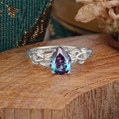 Pear Shape Leaf Alexandrite Engagement Ring – Nature Inspired Vine Wedding Ring for Women