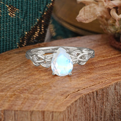 Pear Shape Leaf Moonstone Engagement Ring – Nature Inspired Vine Wedding Ring for Women