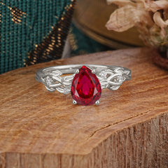 Pear Shape Leaf Ruby Engagement Ring – Nature Inspired Vine Wedding Ring for Women