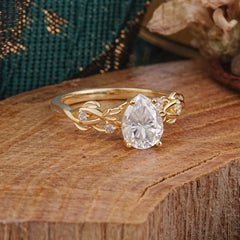 Pear Shape Leaf Moissanite Engagement Ring – Nature Inspired Vine Wedding Ring for Women