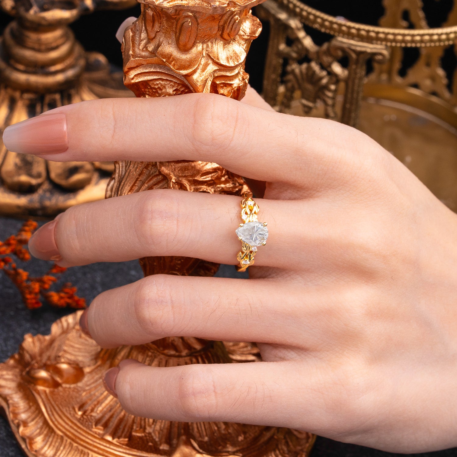 Pear Shape Leaf Lab Diamond Engagement Ring – Nature Inspired Vine Engagement Ring for Women