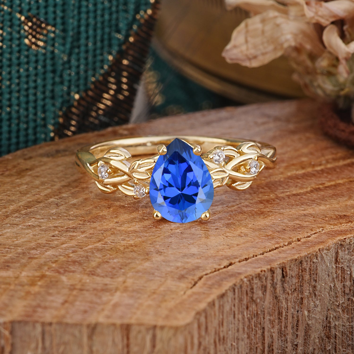 Pear Shape Leaf Sapphire Engagement Ring – Nature Inspired Vine Engagement Ring for Women