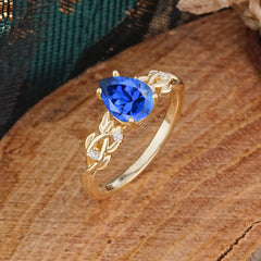 Pear Shape Leaf Sapphire Engagement Ring – Nature Inspired Vine Wedding Ring for Women