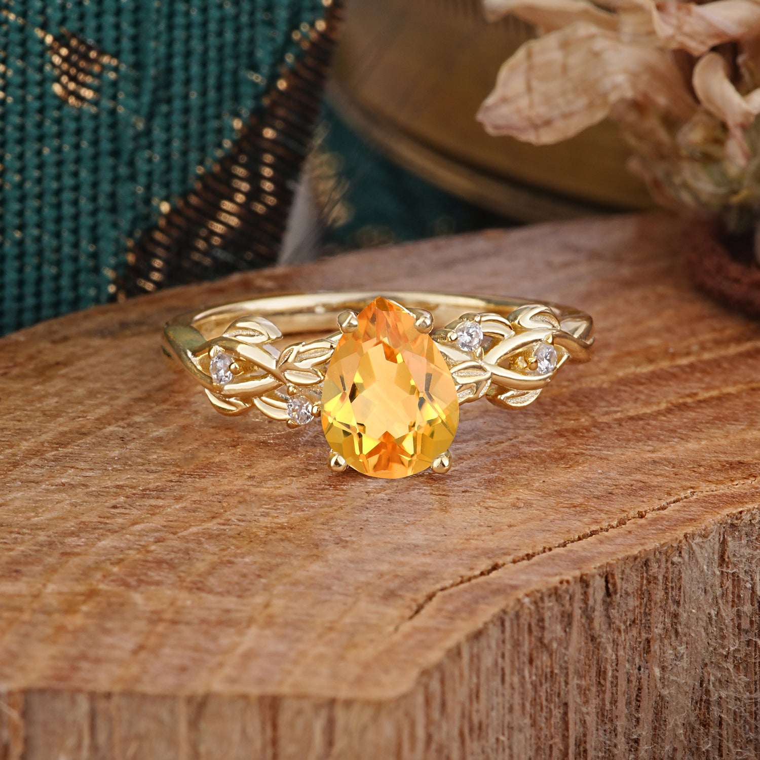 Pear Shape Leaf Citrine Engagement Ring – Nature Inspired Vine Engagement Ring for Women