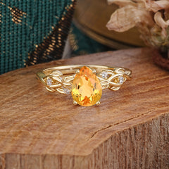 Pear Shape Leaf Citrine Engagement Ring – Nature Inspired Vine Wedding Ring for Women