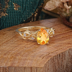 Pear Shape Leaf Citrine Engagement Ring – Nature Inspired Vine Wedding Ring for Women
