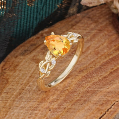 Pear Shape Leaf Citrine Engagement Ring – Nature Inspired Vine Wedding Ring for Women