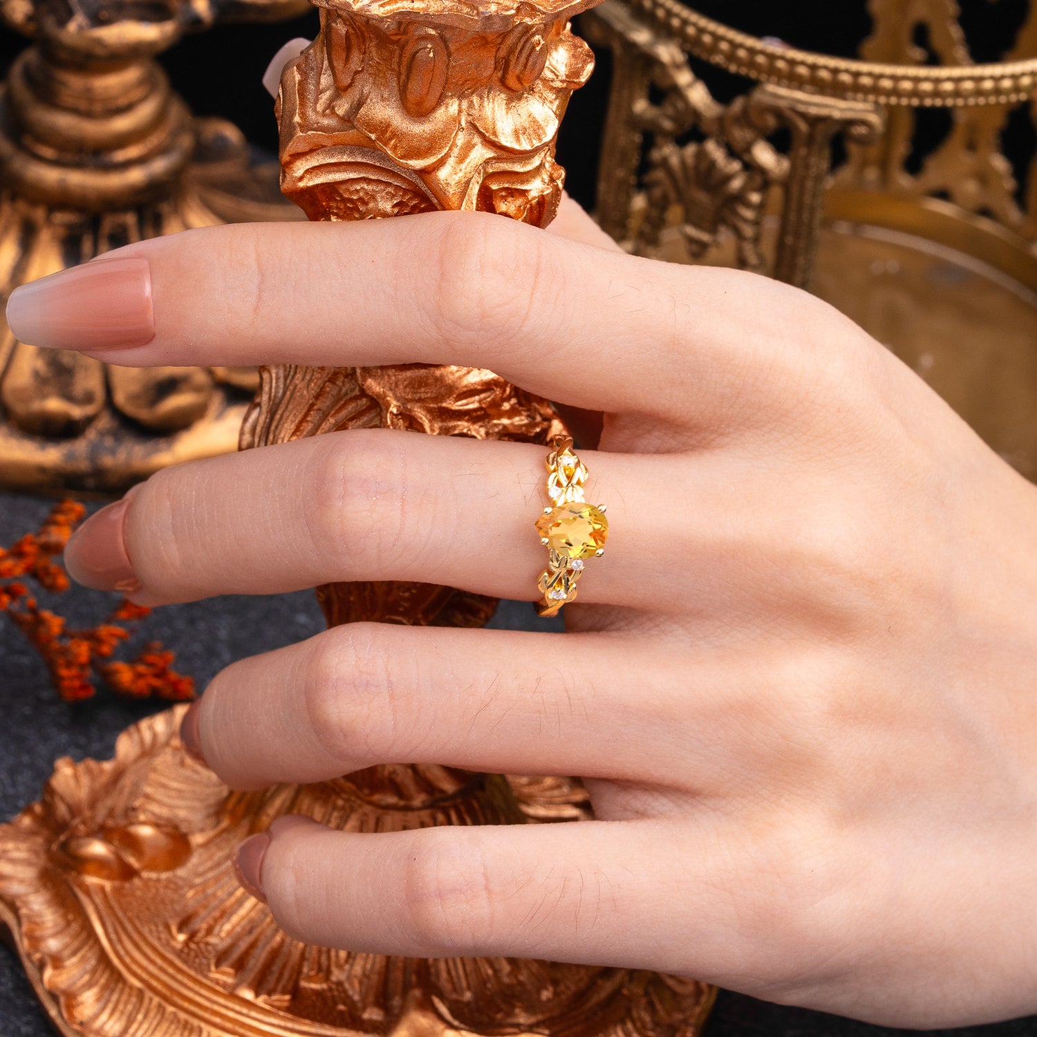 Pear Shape Leaf Citrine Engagement Ring – Nature Inspired Vine Engagement Ring for Women