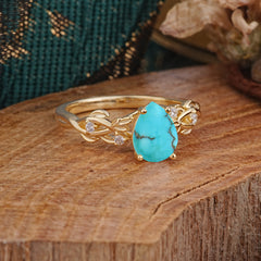 Pear Shape Leaf Turquoise Engagement Ring – Nature Inspired Vine Wedding Ring for Women