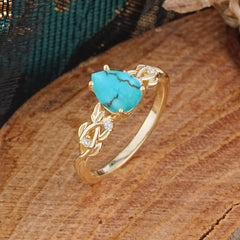 Pear Shape Leaf Turquoise Engagement Ring – Nature Inspired Vine Wedding Ring for Women