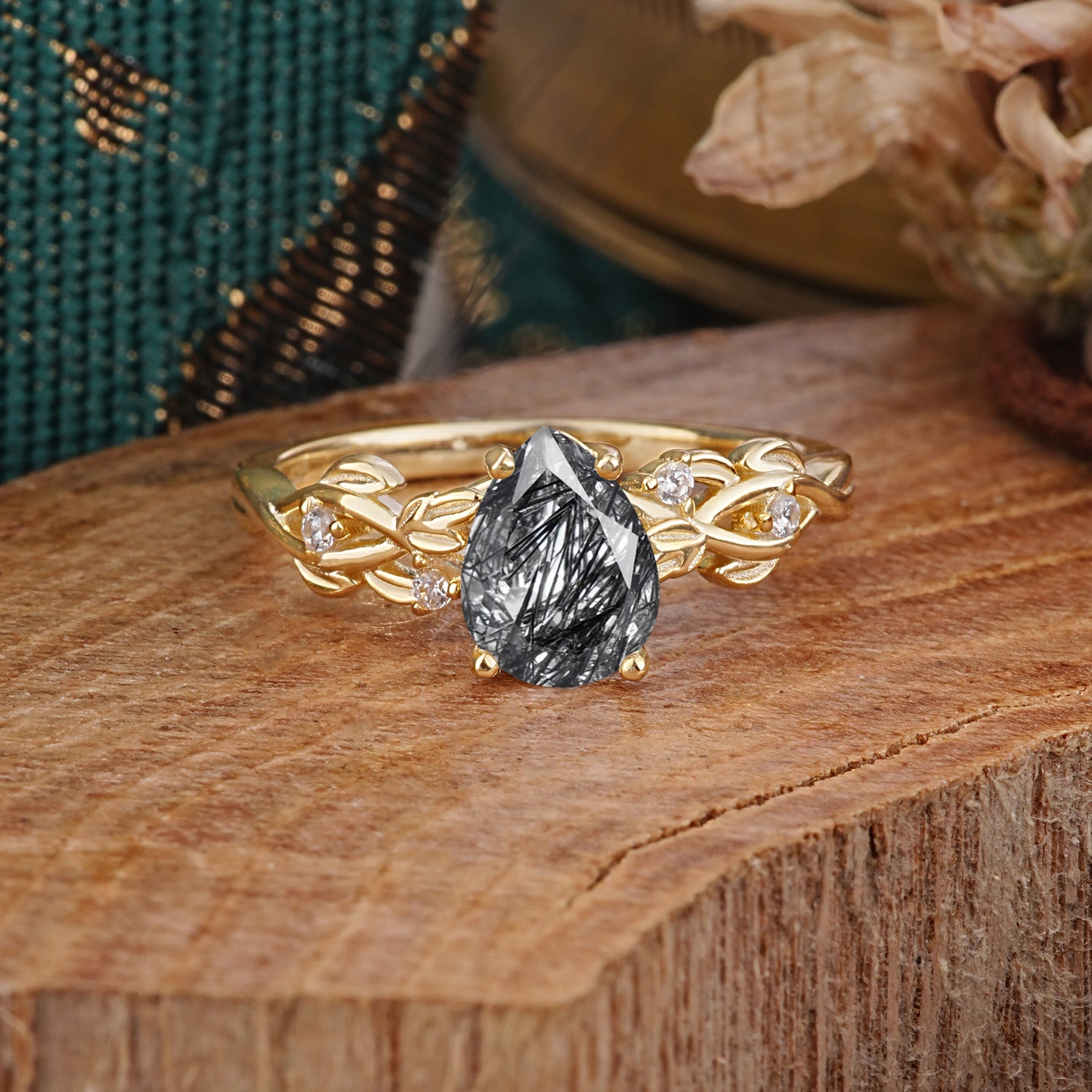 Pear Shape Leaf Black Rutilated Quartz Engagement Ring – Nature Inspired Vine Engagement Ring for Women