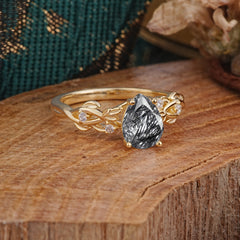 Pear Shape Leaf Black Rutilated Quartz Engagement Ring – Nature Inspired Vine Wedding Ring for Women