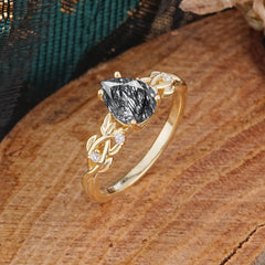 Pear Shape Leaf Black Rutilated Quartz Engagement Ring – Nature Inspired Vine Wedding Ring for Women
