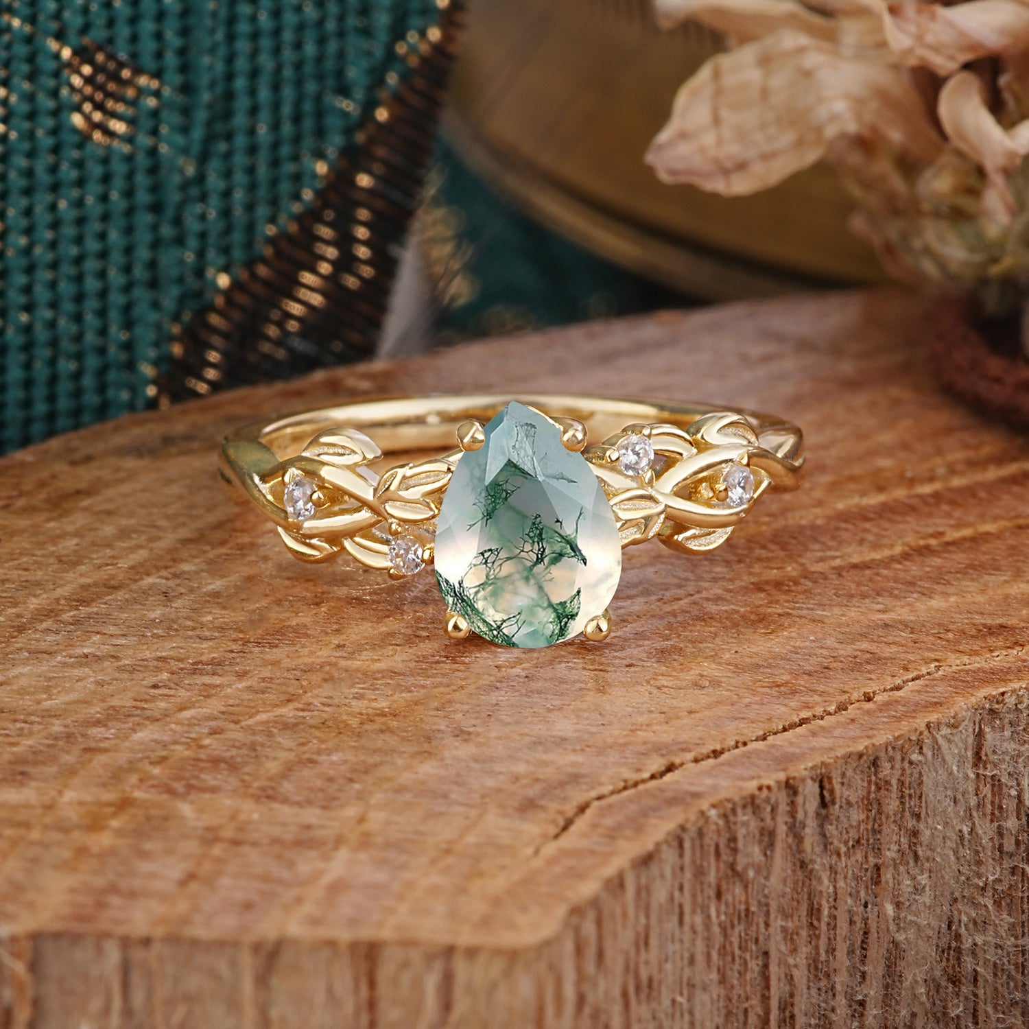 Pear Shape Leaf Moss Agate Engagement Ring – Nature Inspired Vine Wedding Ring for Women