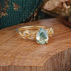 Pear Shape Leaf Moss Agate Engagement Ring – Nature Inspired Vine Wedding Ring for Women