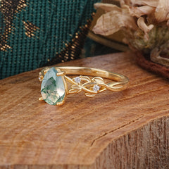 Pear Shape Leaf Moss Agate Engagement Ring – Nature Inspired Vine Wedding Ring for Women