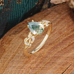 Pear Shape Leaf Moss Agate Engagement Ring – Nature Inspired Vine Wedding Ring for Women