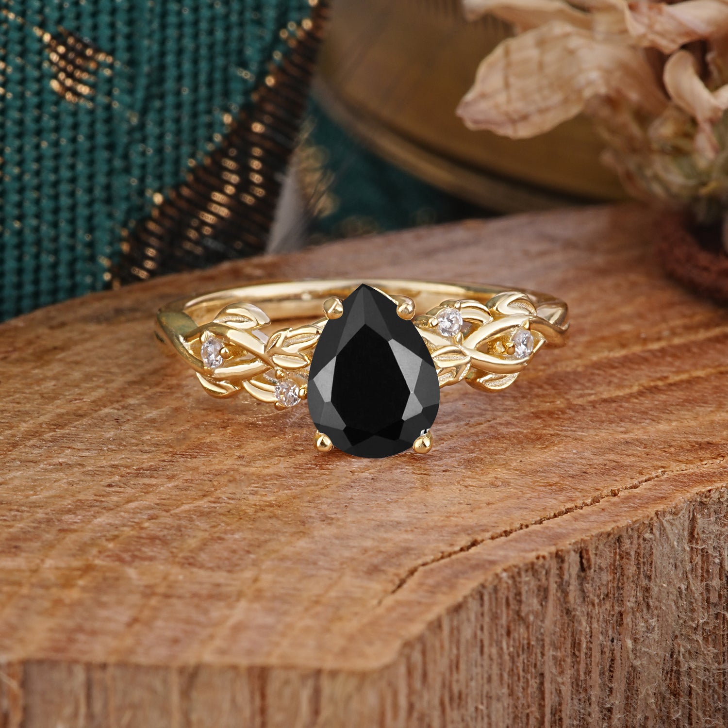 Pear Shape Leaf Black Onyx Engagement Ring – Nature Inspired Vine Engagement Ring for Women