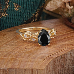 Pear Shape Leaf Black Onyx Engagement Ring – Nature Inspired Vine Wedding Ring for Women