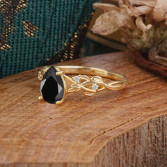 Pear Shape Leaf Black Onyx Engagement Ring – Nature Inspired Vine Wedding Ring for Women