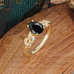 Pear Shape Leaf Black Onyx Engagement Ring – Nature Inspired Vine Wedding Ring for Women