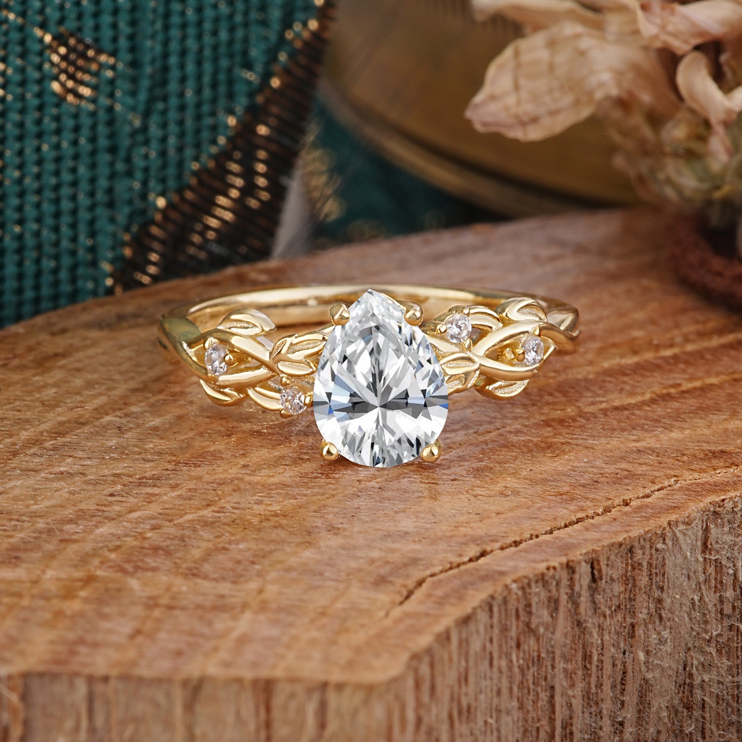 Pear Shape Leaf Lab Diamond Engagement Ring – Nature Inspired Vine Engagement Ring for Women