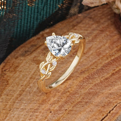 Pear Shape Leaf Lab Diamond Engagement Ring – Nature Inspired Vine Wedding Ring for Women
