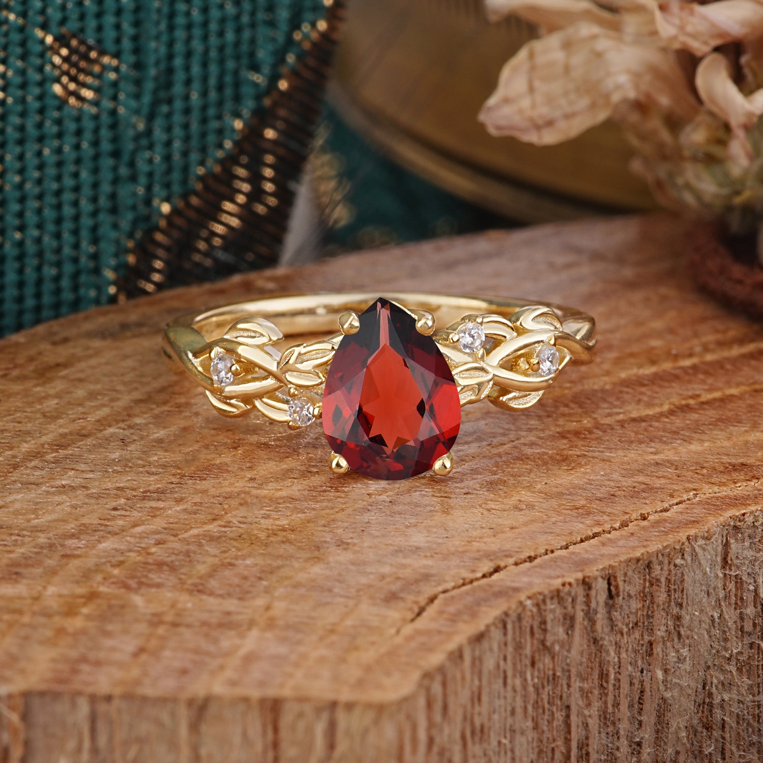 Pear Shape Leaf Garnet Engagement Ring – Nature Inspired Vine Engagement Ring for Women
