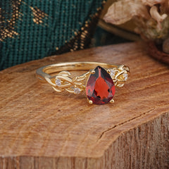 Pear Shape Leaf Garnet Engagement Ring – Nature Inspired Vine Wedding Ring for Women