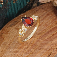 Pear Shape Leaf Garnet Engagement Ring – Nature Inspired Vine Wedding Ring for Women