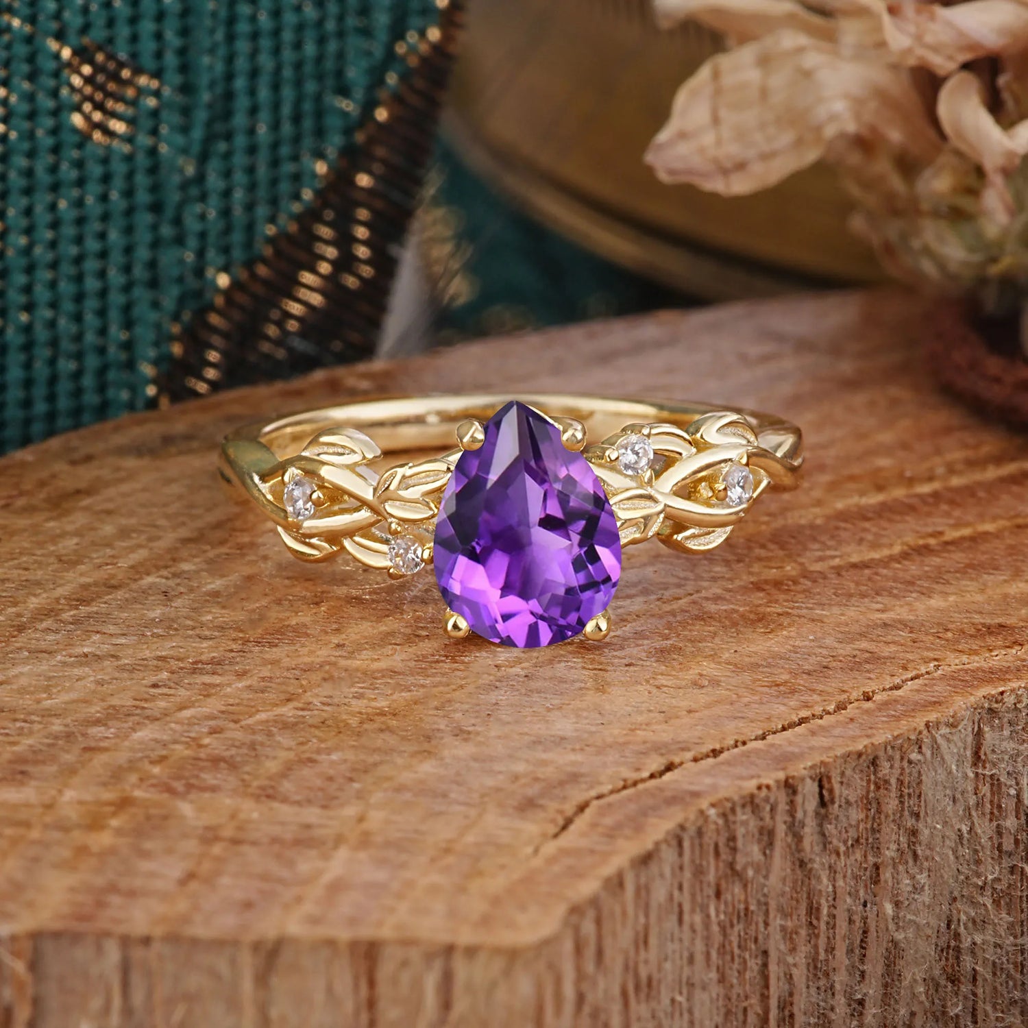 Pear Shape Leaf Amethyst Engagement Ring – Nature Inspired Vine Engagement Ringfor Women